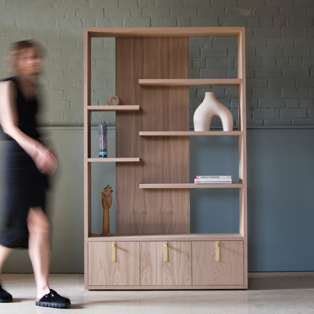 Oak shelving unit with cupboards and brass handles, Vlad – handmade by KODA Studios
