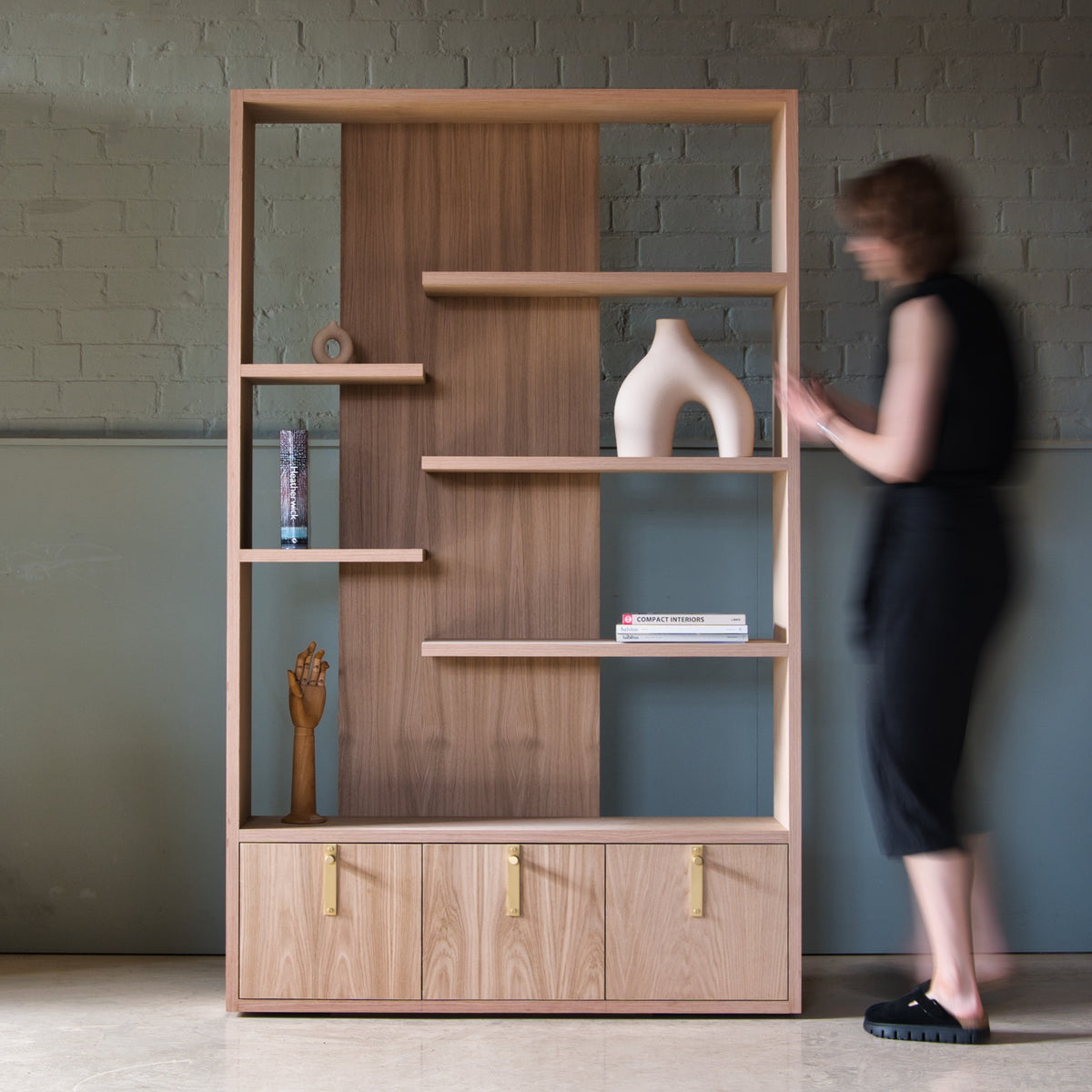 Oak shelving unit with cupboards and brass handles, Vlad – handmade by KODA Studios
