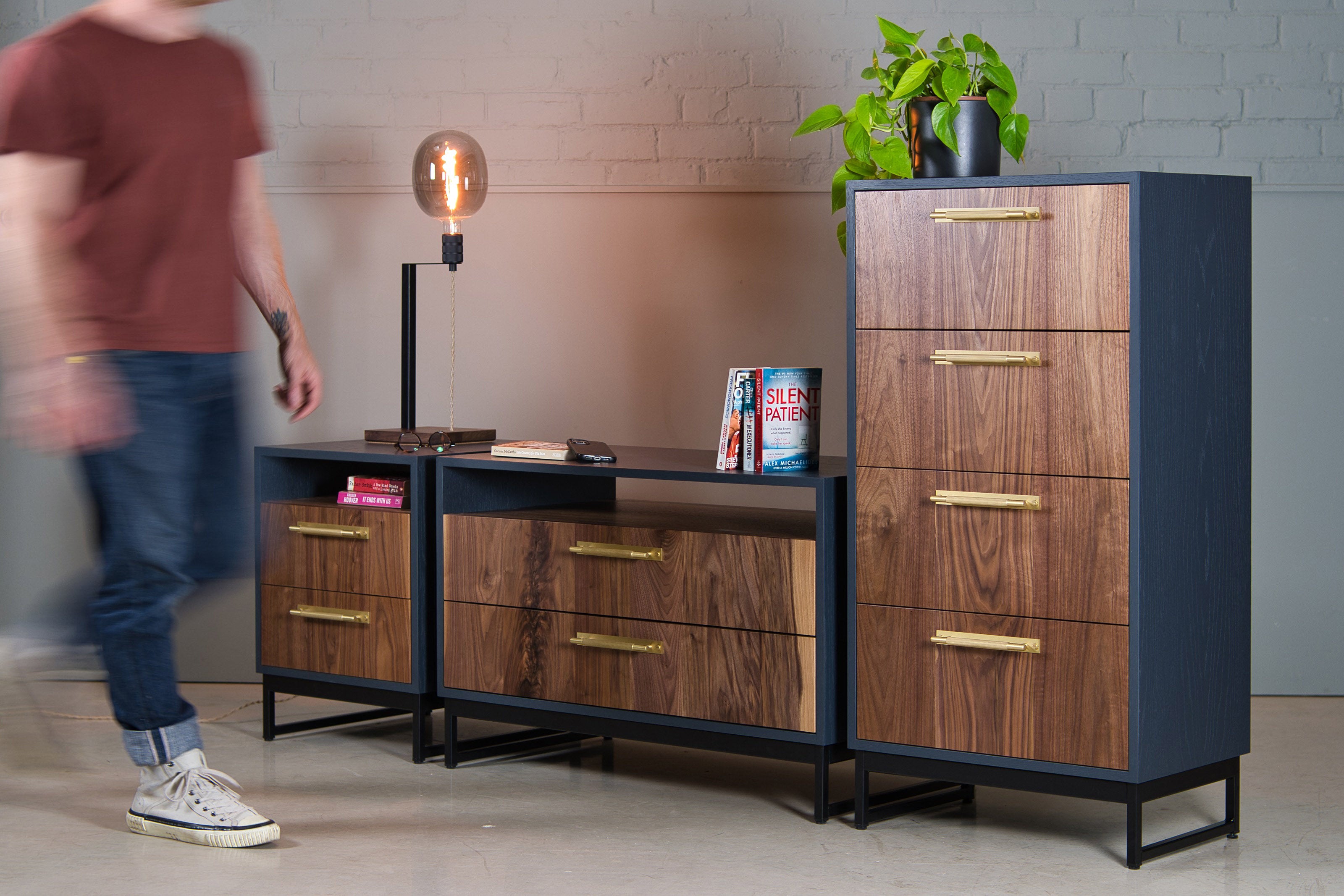 Walnut Bedroom Furniture with knurled brass handles | KODA Studios